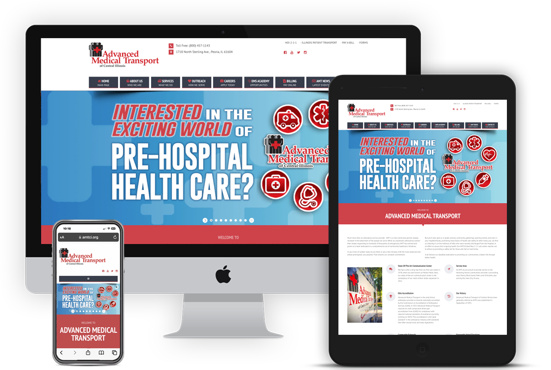 Website home screens on computer monitor, phone, and tablet